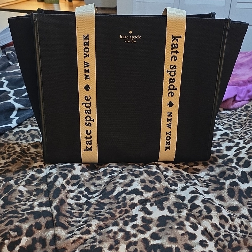 NWOT Kate Spade Black Canvas Tote with Cream Logo Straps